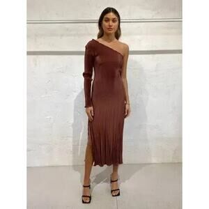 L'idee Soiree One Shoulder Long Sleeve Midi Dress in Chocolate Size 8